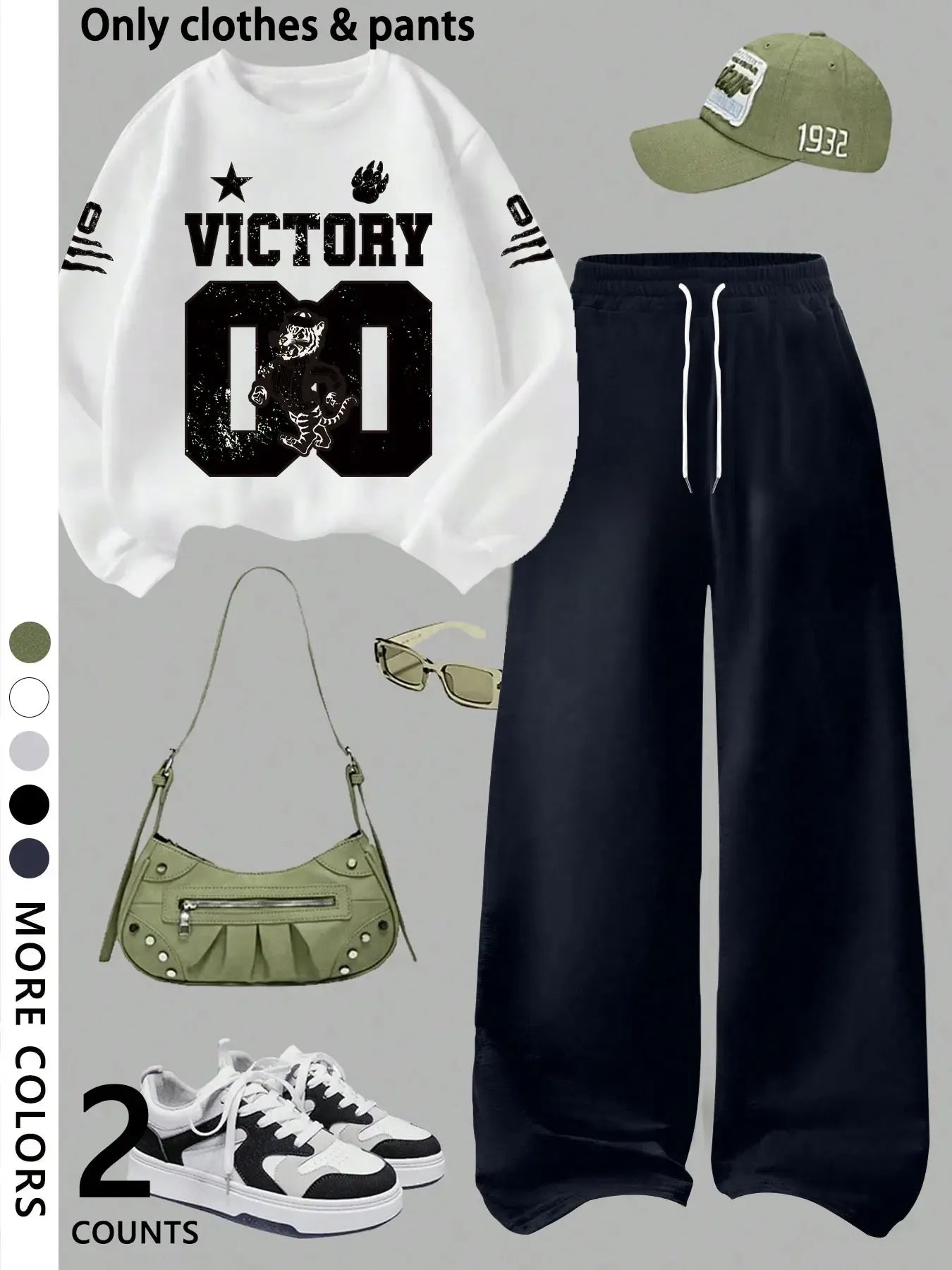 Girls' casual cool Graphic pattern print round neck pullover sweatshirt top and loose casual wide-leg pants, military green fashion dress, suitable for daily and going out