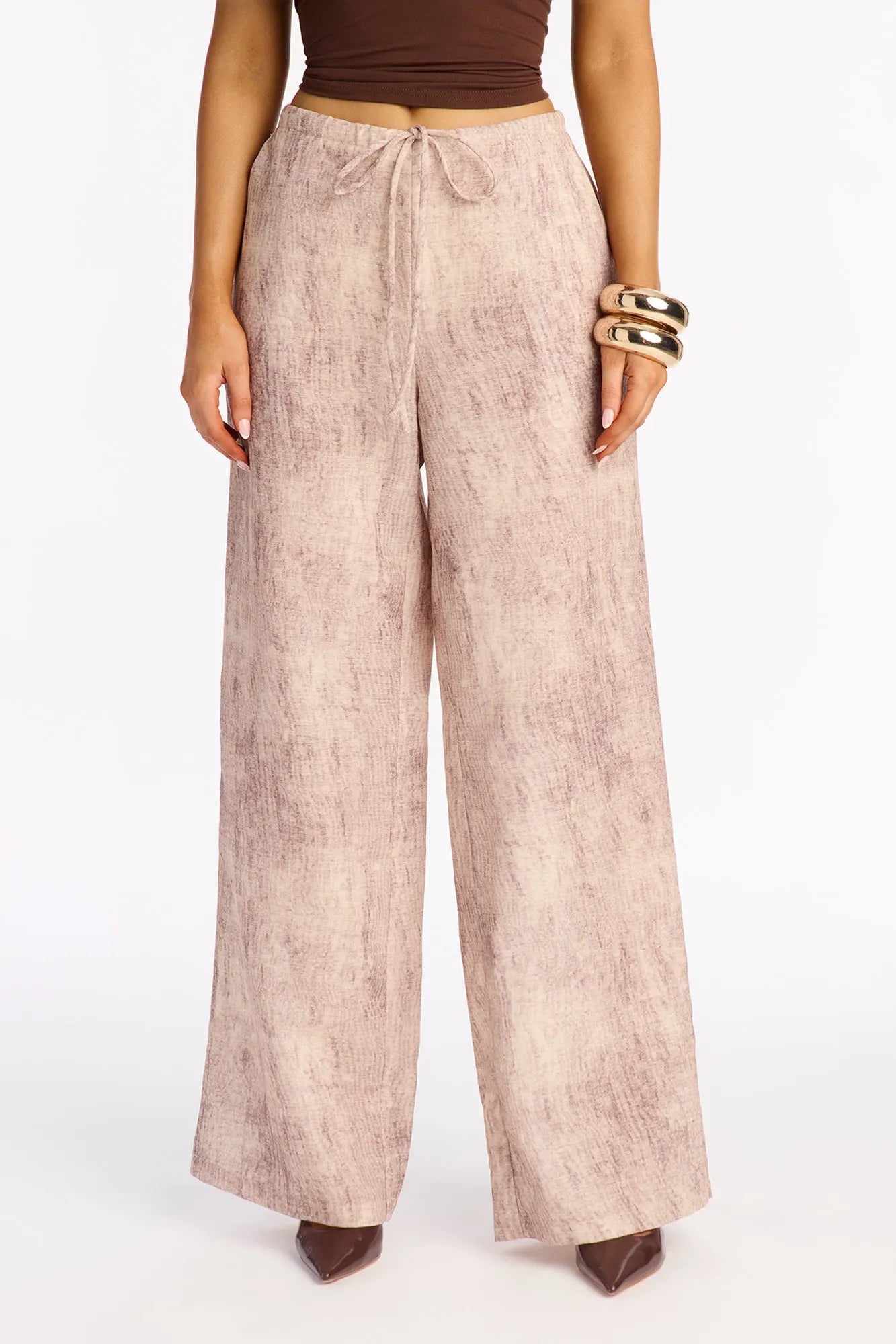 Amelia Textured Wide Leg Pull On Drawstring Pant 32′′ - Brown/combo