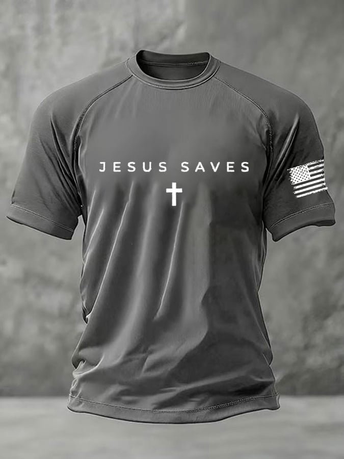 Men's Jesus Saves Faith Print Round Neck T-Shirt