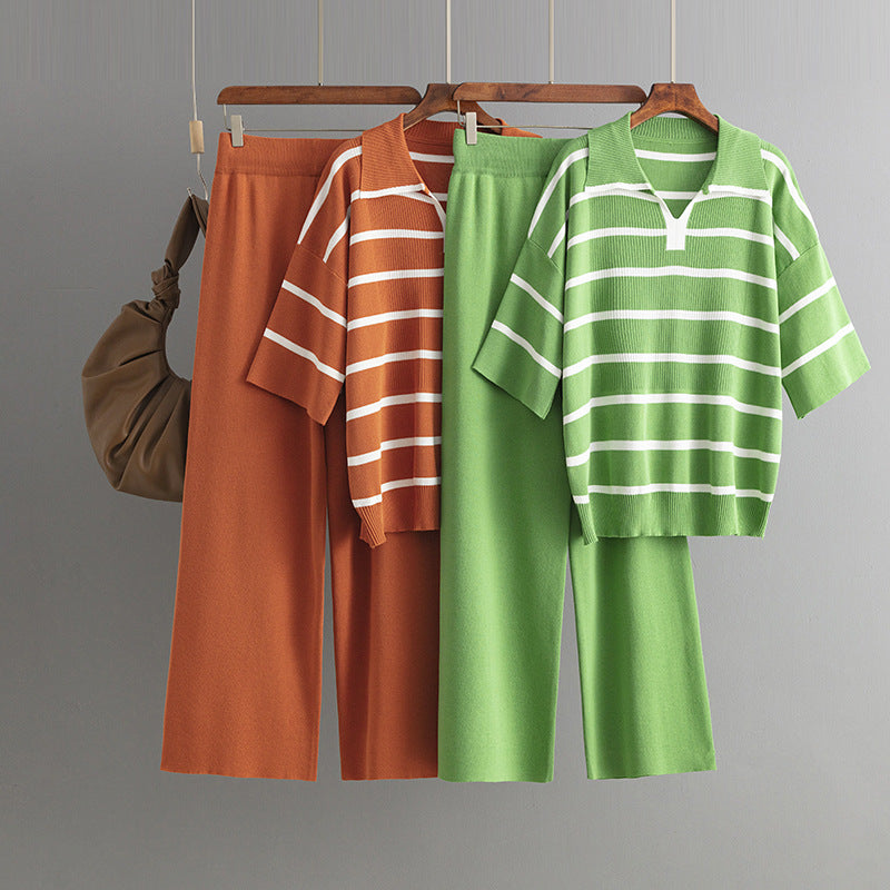 Stylish Striped Top & Solid Color Wide Leg Pants Two-Piece Set