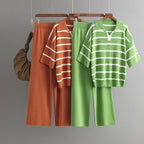 Stylish Striped Top & Solid Color Wide Leg Pants Two-Piece Set