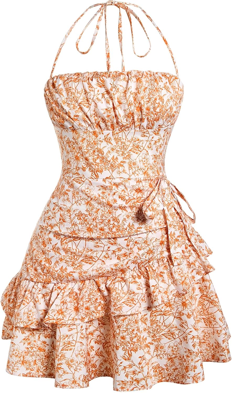 Floerns Women's Floral Halter Ruffle Tiered Cute Summer Mini Dress Milkmaid Vacation Sundress