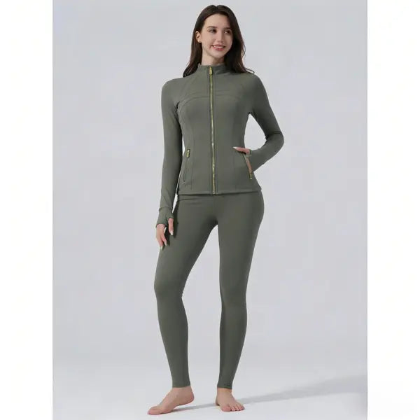 【Golden Zipper】Soft Brushed Women's Sport | Yoga | Quick-dry | Workout Jacket & High Waisted Cropped Leggings. Golden Zipper Jacket with Pockets, Yoga Pants, Thumbholes Design, Casual Slim fit Wear for Women