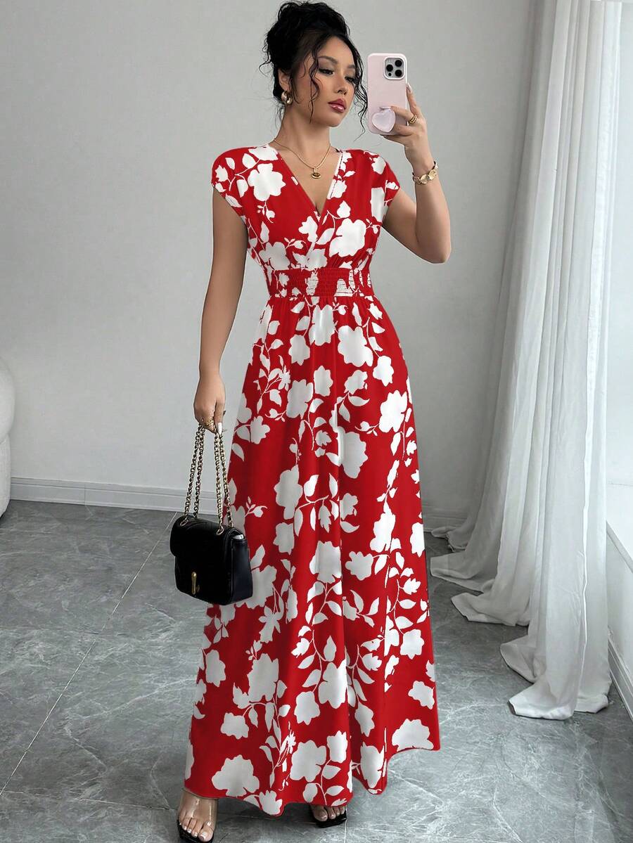 Elenzga Women V-Neck Allover Print Casual Long Dress