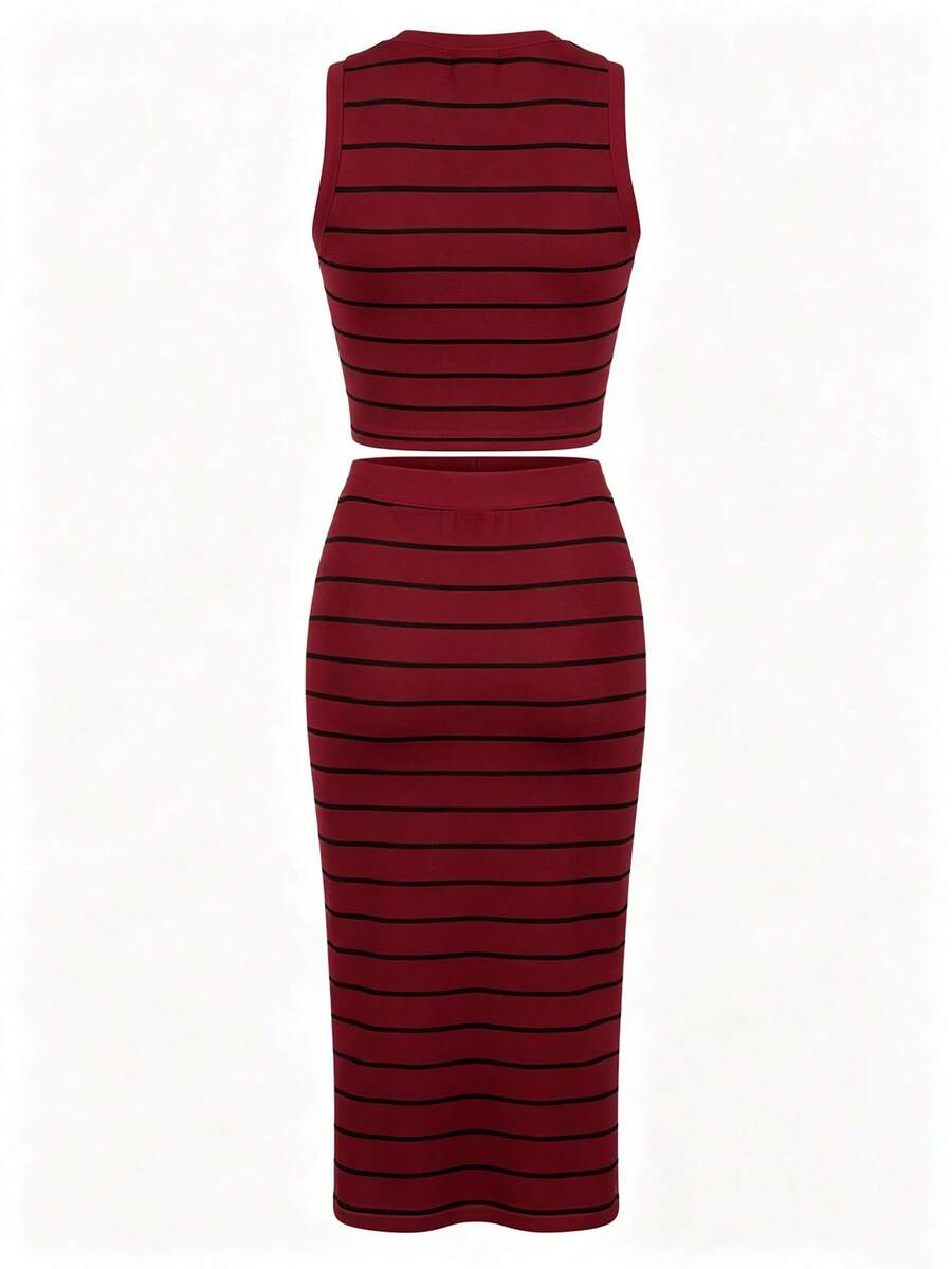 UREREM Women's Striped Contrast Color Casual Elegant Party Ribbed Slit Beach Vest And Skirt 2-Piece Set Summer