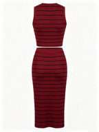 UREREM Women's Striped Contrast Color Casual Elegant Party Ribbed Slit Beach Vest And Skirt 2-Piece Set Summer