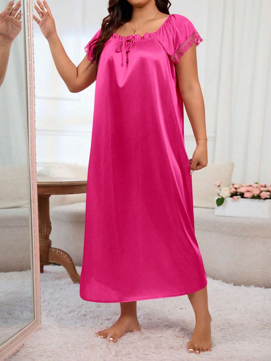 MuseNap CURVE Plus Size Women Pleated Square Collar Embroidered Satin Nightgown