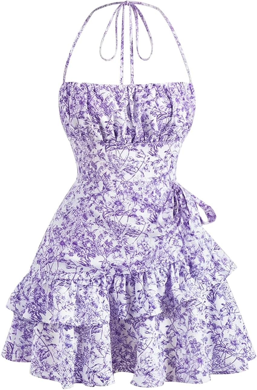 Floerns Women's Floral Halter Ruffle Tiered Cute Summer Mini Dress Milkmaid Vacation Sundress