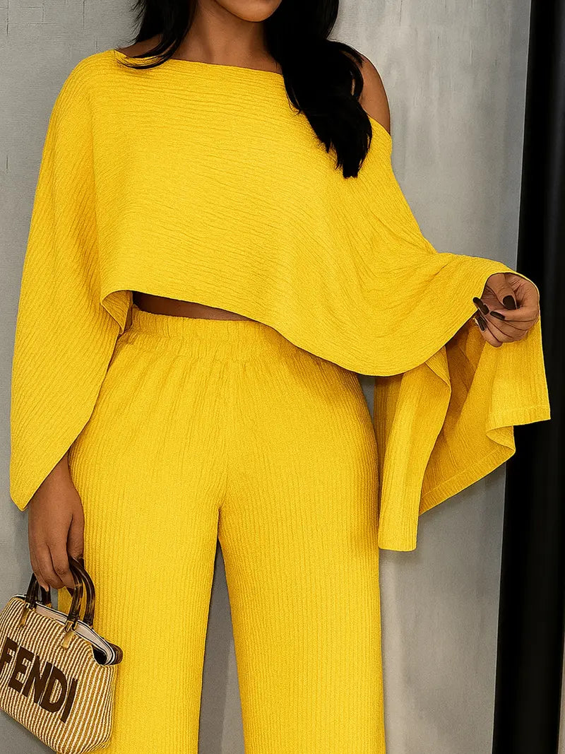 Two-Piece Set Women's Solid Color Knit Top & Elastic Waist Pants
