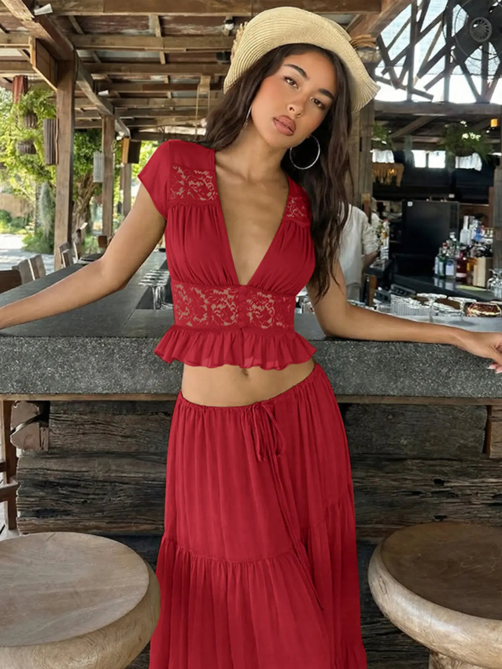 Women Summer Short Sleeve V Neck Tops Long Skirt Beach Vacation Chiffon Two Piece Set Outfit
