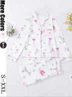 Women's Casual Pajama Set, Long Sleeve Button Front Shirt & Elastic Pants