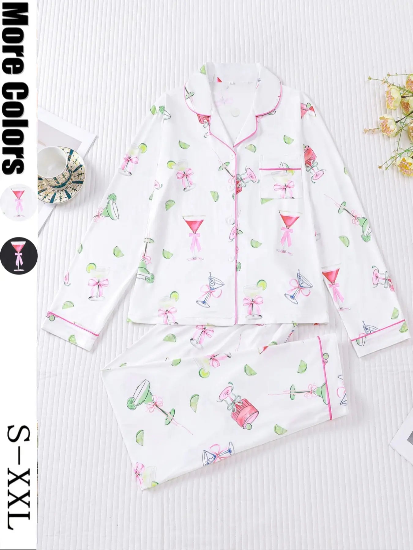Women's Casual Pajama Set, Long Sleeve Button Front Shirt & Elastic Pants