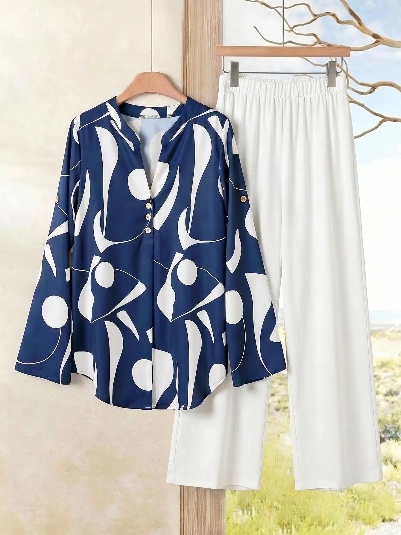 2pcs Women Contrast Color Print Shirt And Pants Set Old Money Style Business Casual Woman Blouse Sets For Ladies Two Piece