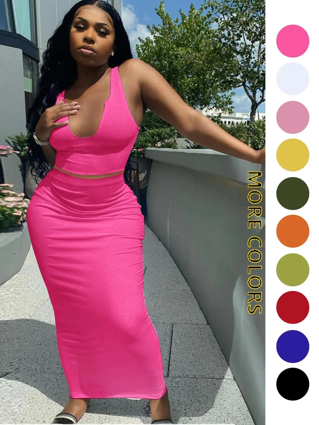 Two-piece Set Women's Solid Notched Neck Crop Tank Top & High Waist Bodycon Skirt Set, Casual Slim Sleeveless Top & Long Skirt, Ladies Summer Clothes for Daily Wear, Outfit Sets Women, Summer Outfits Set