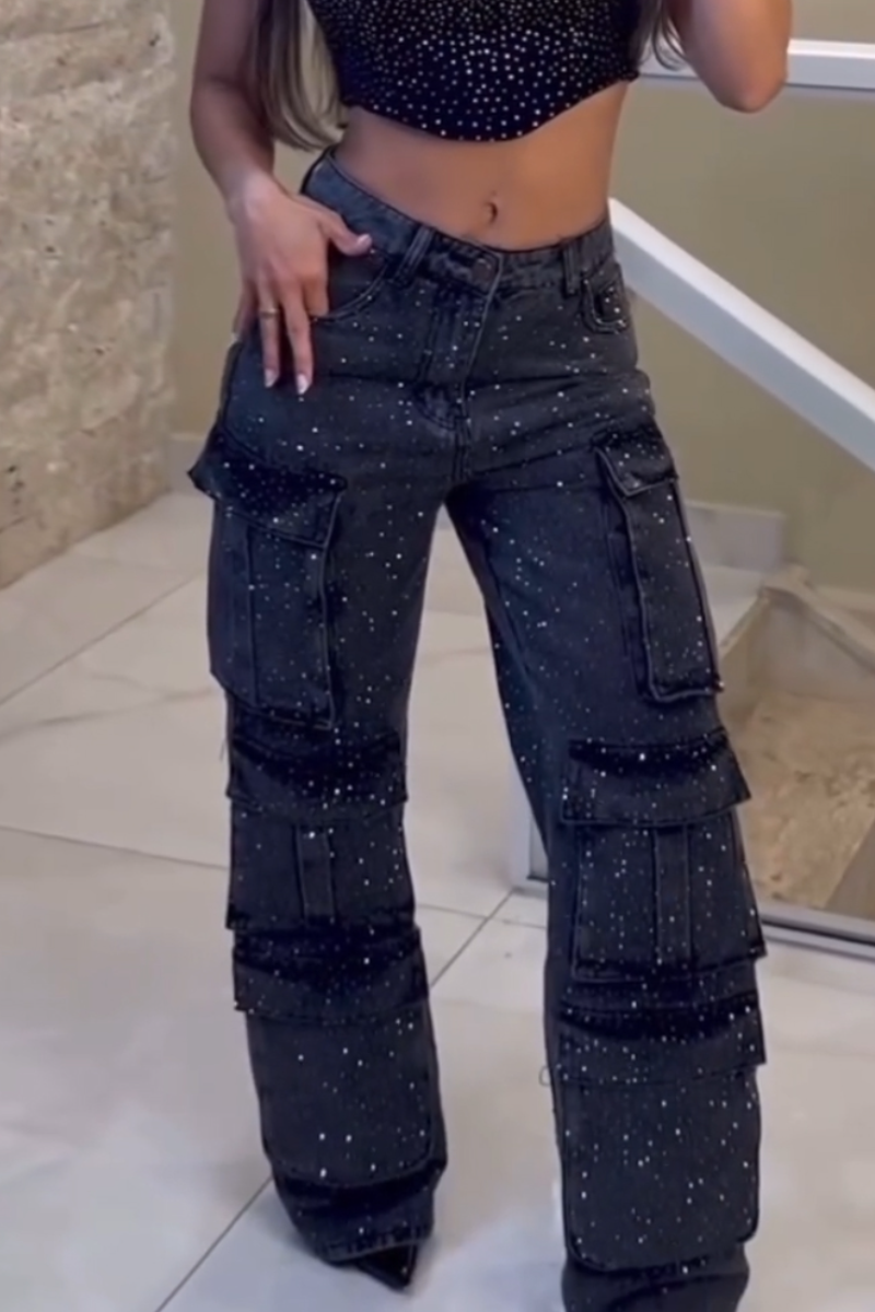Women Hot Stamping Spliced Multi Pocket Casual Jeans