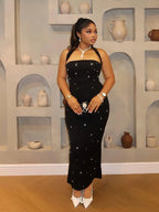 Elegant One-Shoulder Strapless Asymmetrical Women Dress, Rhinestone High Split Bodycon Dress, Beaded Embellished Evening Gown, Chic Formal Wear Fit