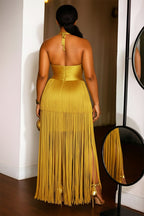 Halter Neck Cinched Fringe Hem Solid Party Maxi Dresses-Green [Pre Order]