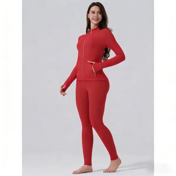 【Golden Zipper】Soft Brushed Women's Sport | Yoga | Quick-dry | Workout Jacket & High Waisted Cropped Leggings. Golden Zipper Jacket with Pockets, Yoga Pants, Thumbholes Design, Casual Slim fit Wear for Women