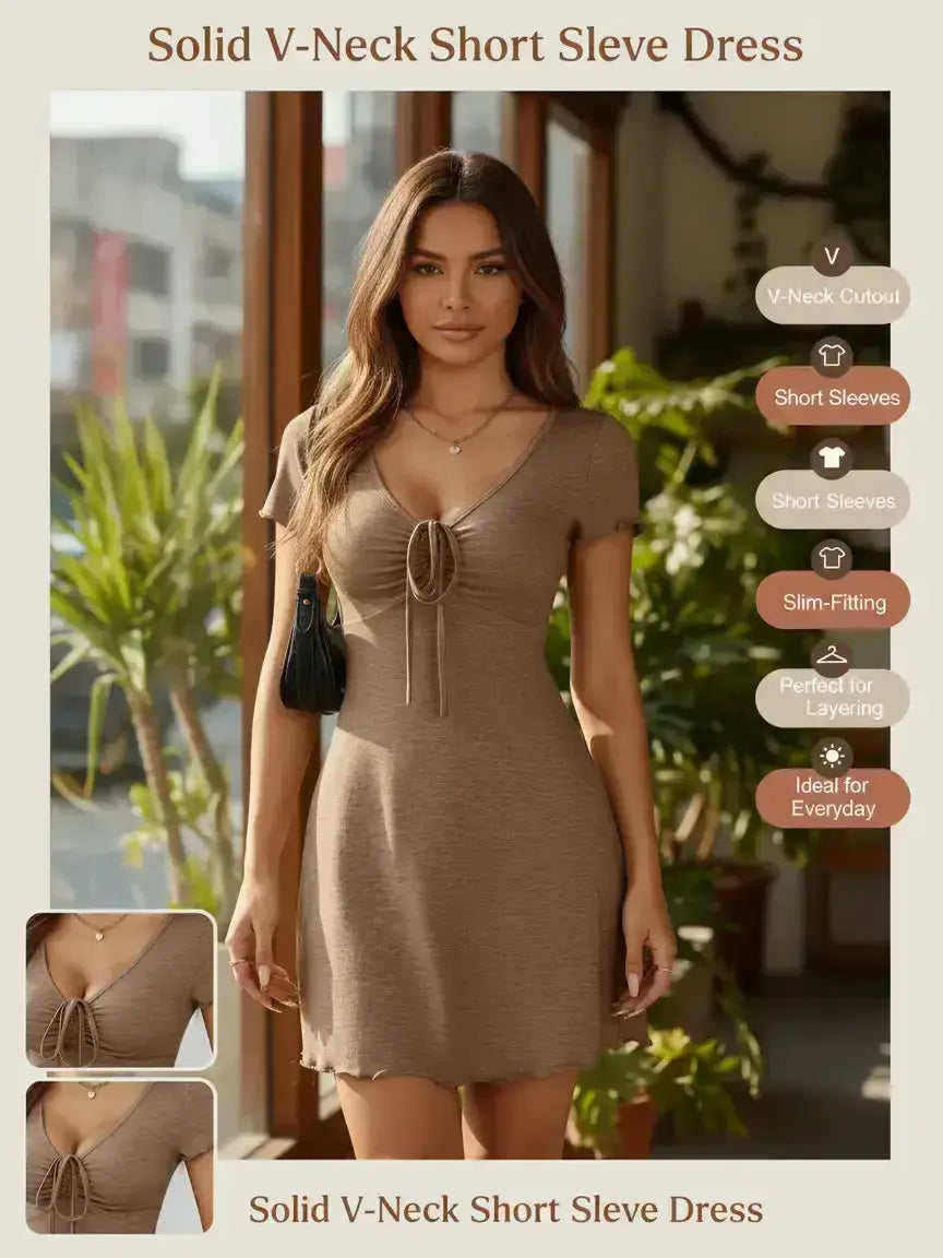 Women's Solid Color V Neck Dress, Casual Fashion Short Sleeve Dress for Summer, Women's Clothing for Daily Wear