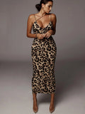 Women's All Over Leopard Print Asymmetrical Cami Dress, Elegant Sleeveless Spaghetti Strap Bodycon Fit Dress for Party Club Night Out, Fashion Chic Sundress, Ladies Summer Clothes, Midi Dress, Womenswear