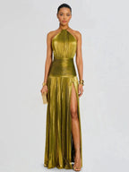 LikeMyChoice 2026 Metallic Olive Gold Maxi Dress for Formal Events