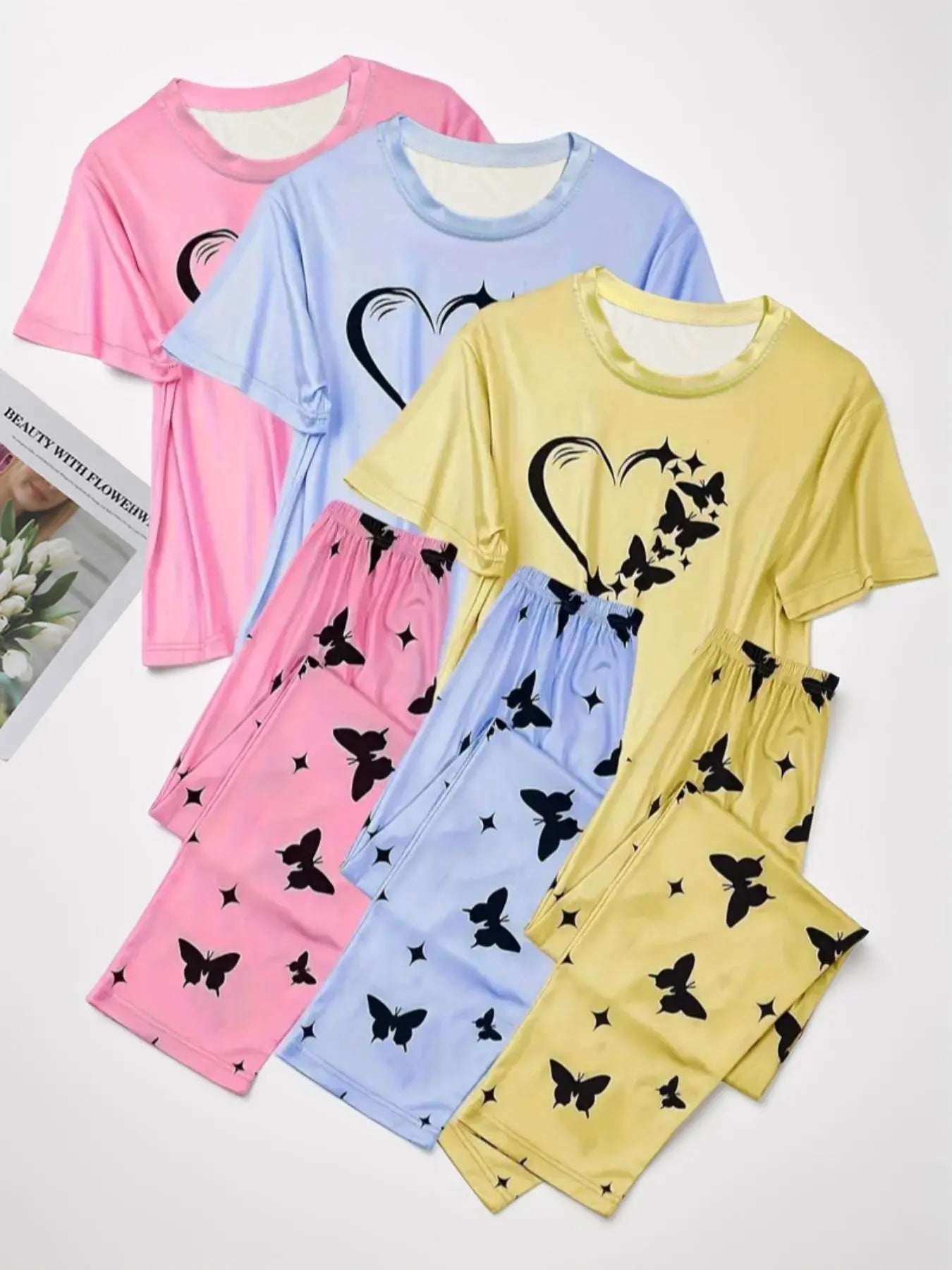 6 Counts Women's Heart & Butterfly Print Pyjama Set