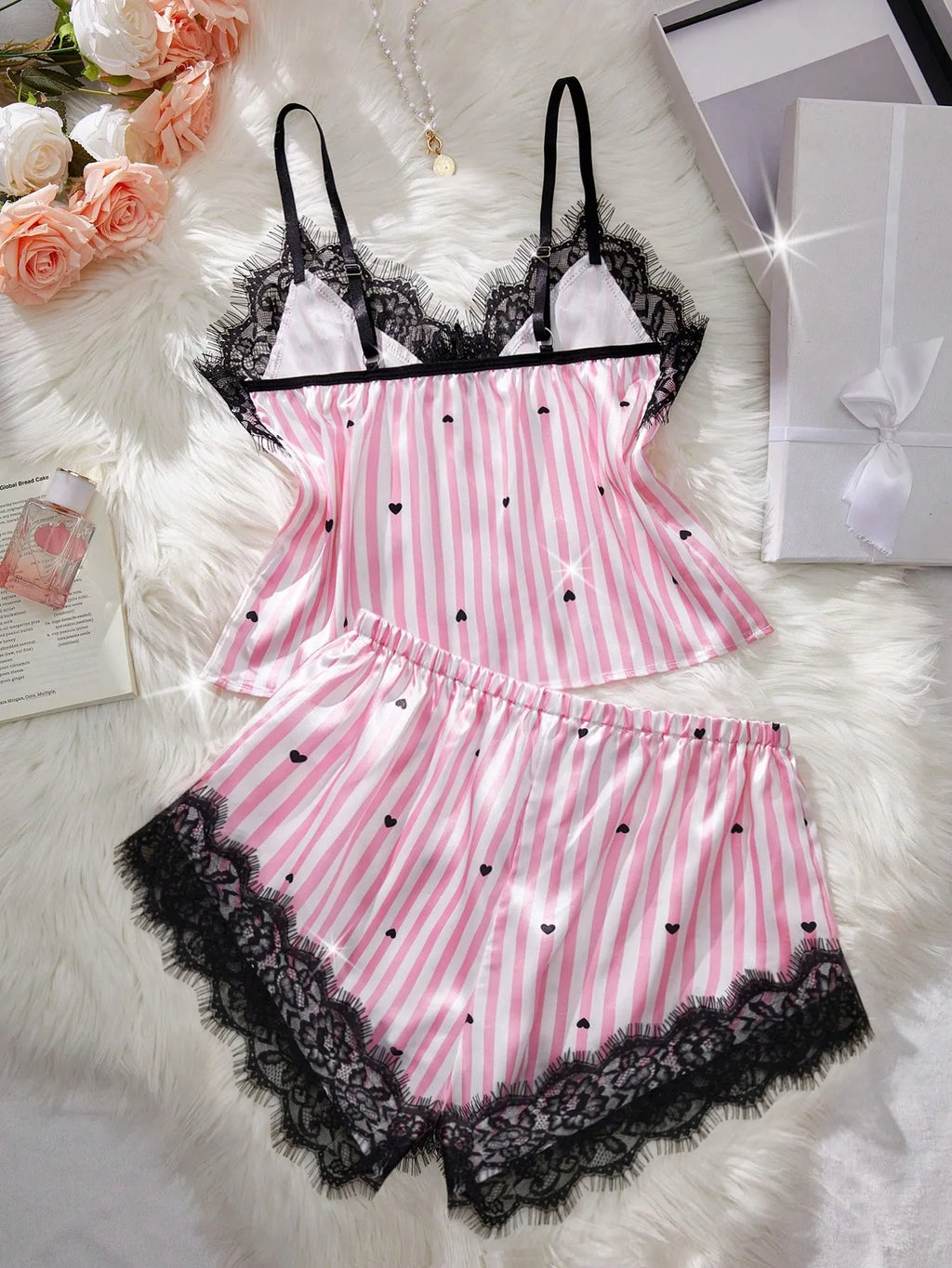 2pcs/Set Party Costume Satin Heart Striped Sexy Lingerie Set, Adjustable Strap Lace V-Neck Camisole And Bow Shorts, Women's Intimate Apparel