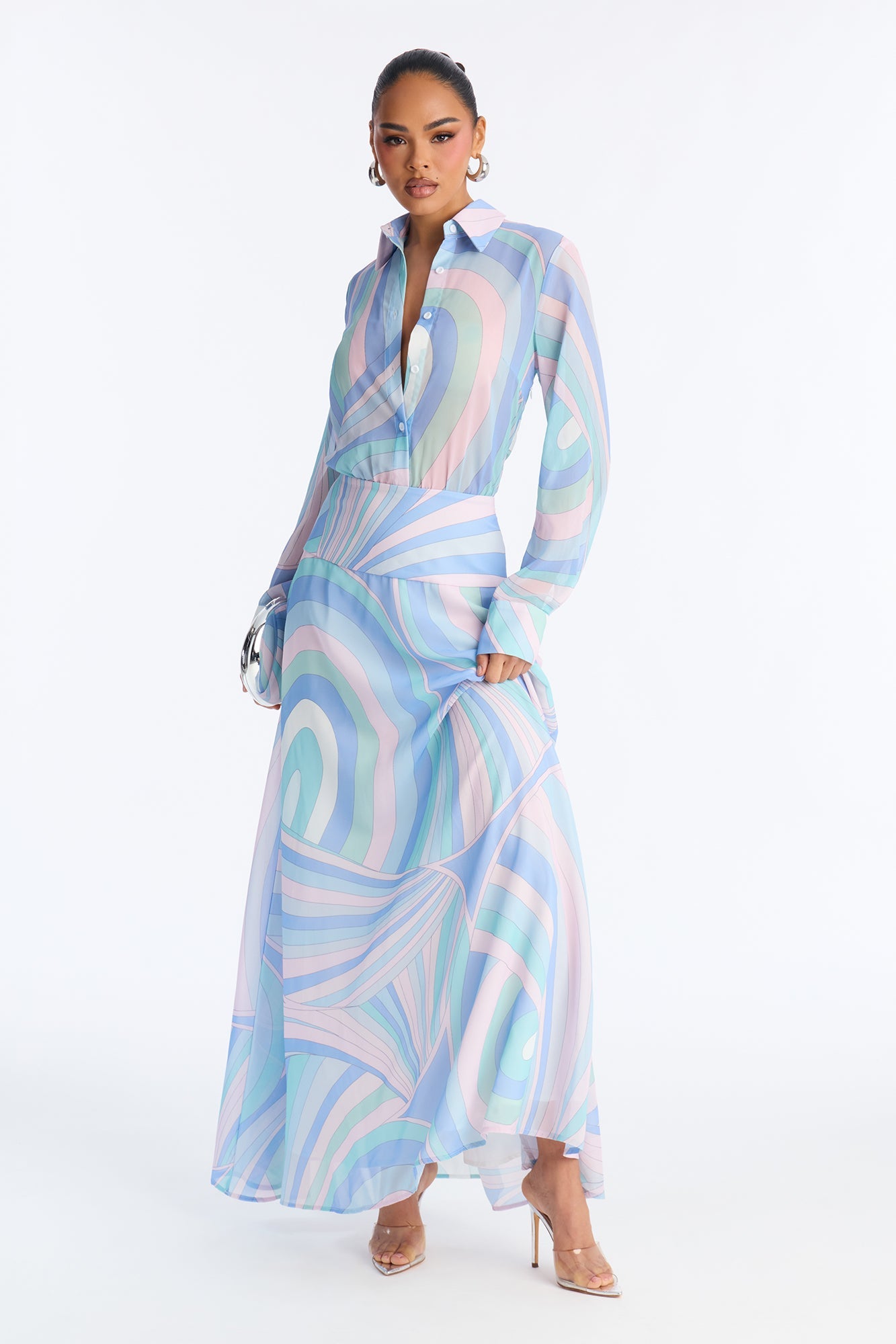 Gianna Button Up Chiffon Maxi Dress - Blue/combo