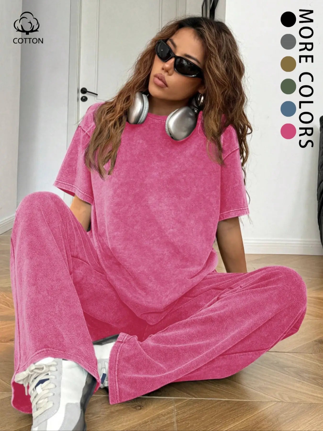 Women's Casual Loose Fit Acid Washed Cotton Short Sleeve T-Shirt and Long Pants Two-Piece Set, All Seasons, Plain Style