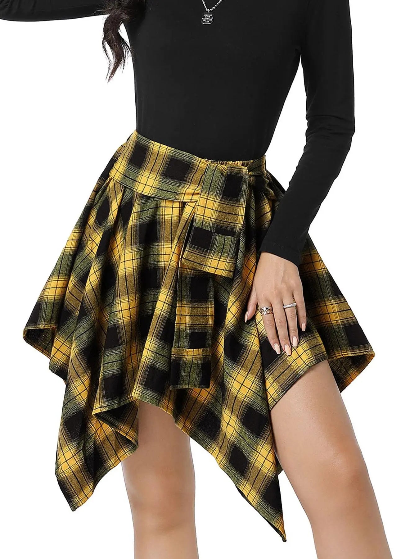Women's Fashion Woven Plaid Print Asymmetrical Hem High Waisted Skirt