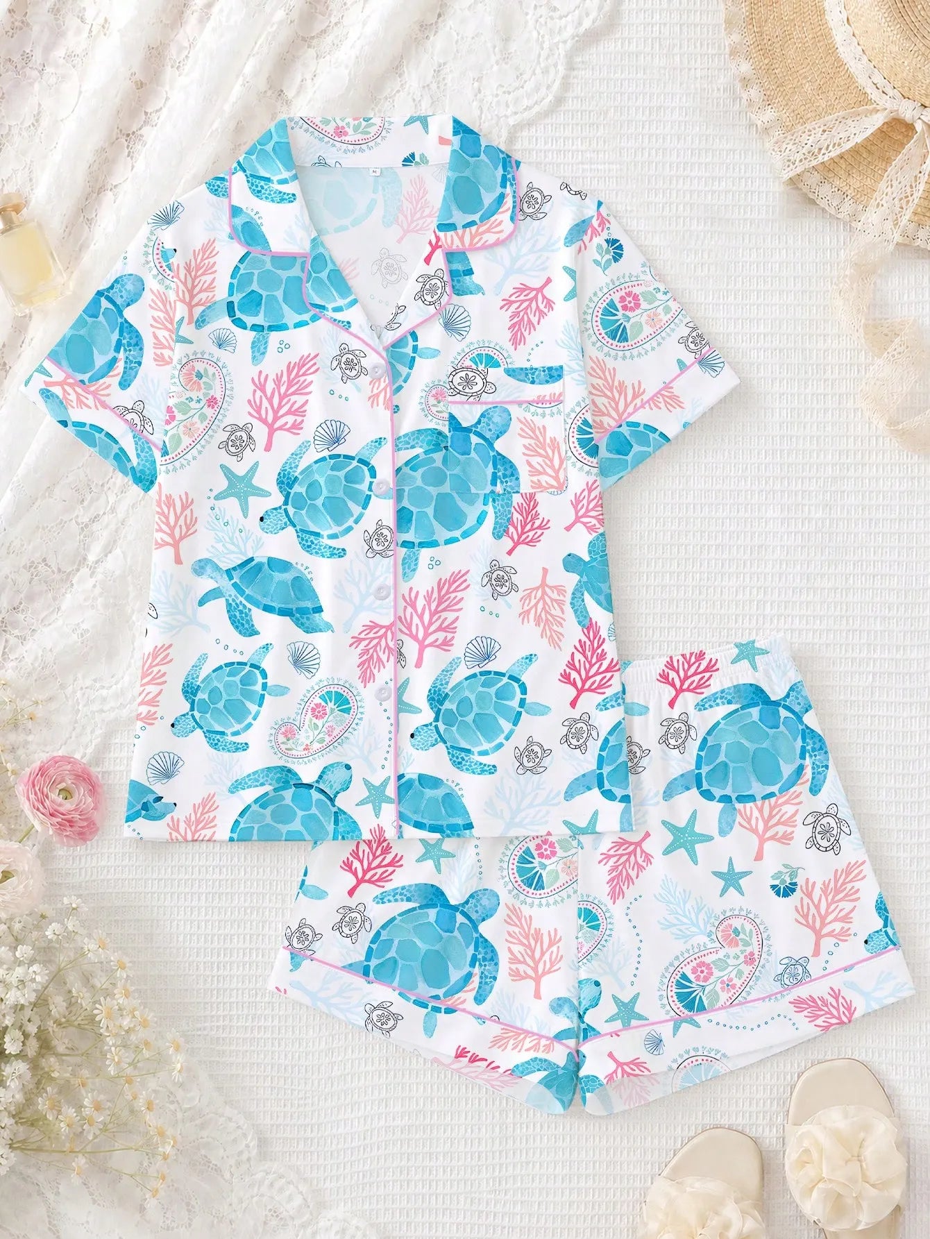 2pcs Women Pajama Set, Ocean Turtle Print, Ladies Homewear, Spring/Summer Holiday Outfit, Short Sleeve Polo Shirt And Shorts Suit