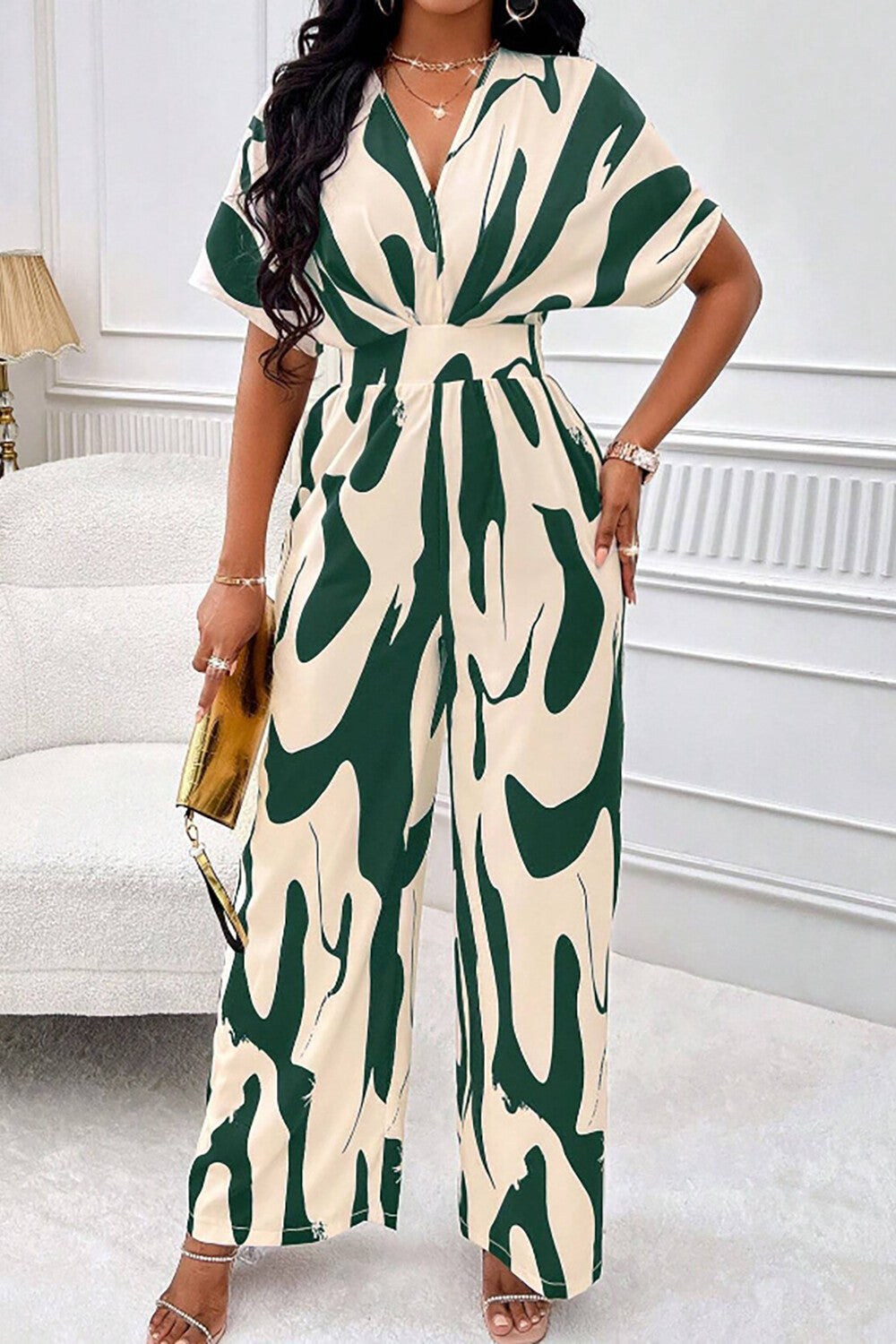 Abstract Print V Neck Short Sleeve High Waist Wide Leg Jumpsuit-Black