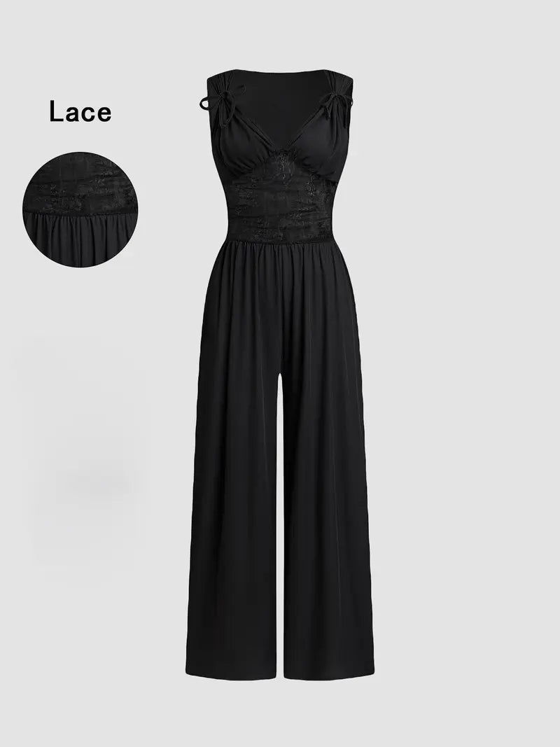 Women's Plain Ruched Deep V Neck Wide Leg Jumpsuit, Casual Sleeveless Ribbed Jumpsuit for Daily Wear, Ladies Clothes for All Seasons, Womenswear Basic Minimalist