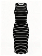 UREREM Women's Striped Contrast Color Casual Elegant Party Ribbed Slit Beach Vest And Skirt 2-Piece Set Summer