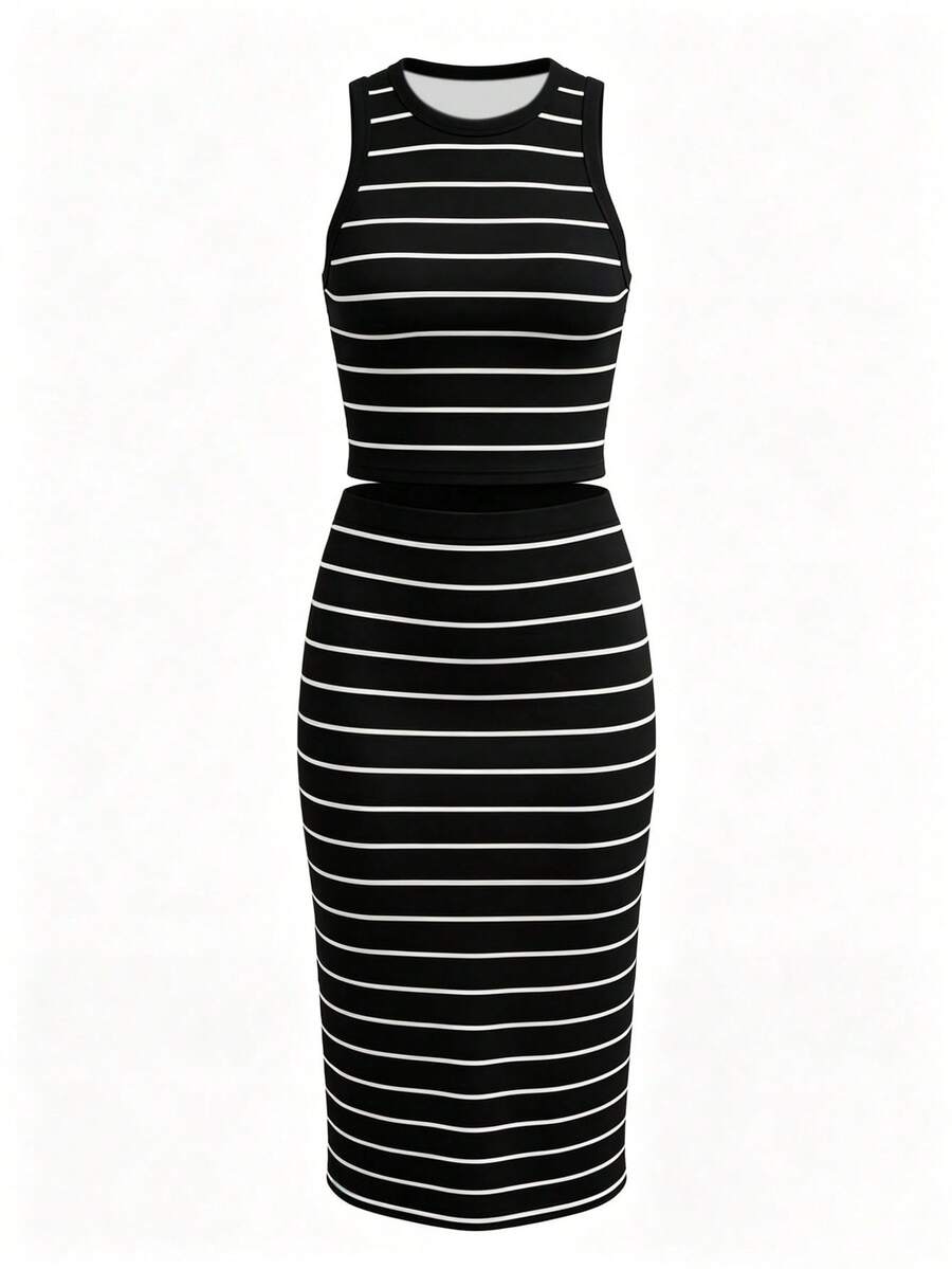 UREREM Women's Striped Contrast Color Casual Elegant Party Ribbed Slit Beach Vest And Skirt 2-Piece Set Summer