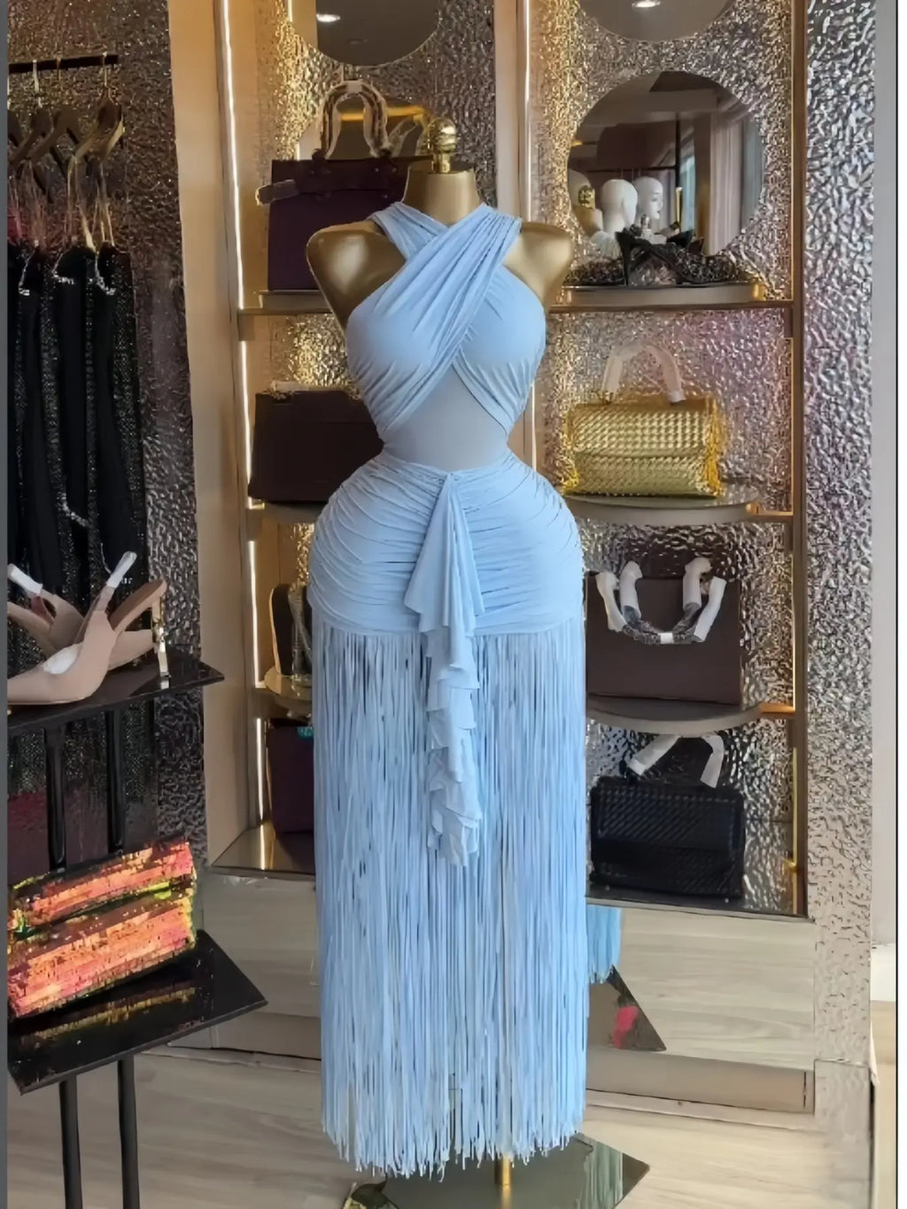 Women's Cross Strap Sleeveless Fringe Maxi Formal Prom Dress,Spring Lady Skirts,Sexy Design Elegant Style Party Outfit,Evening Cocktail Night Tassel Chic Engagement Dresses