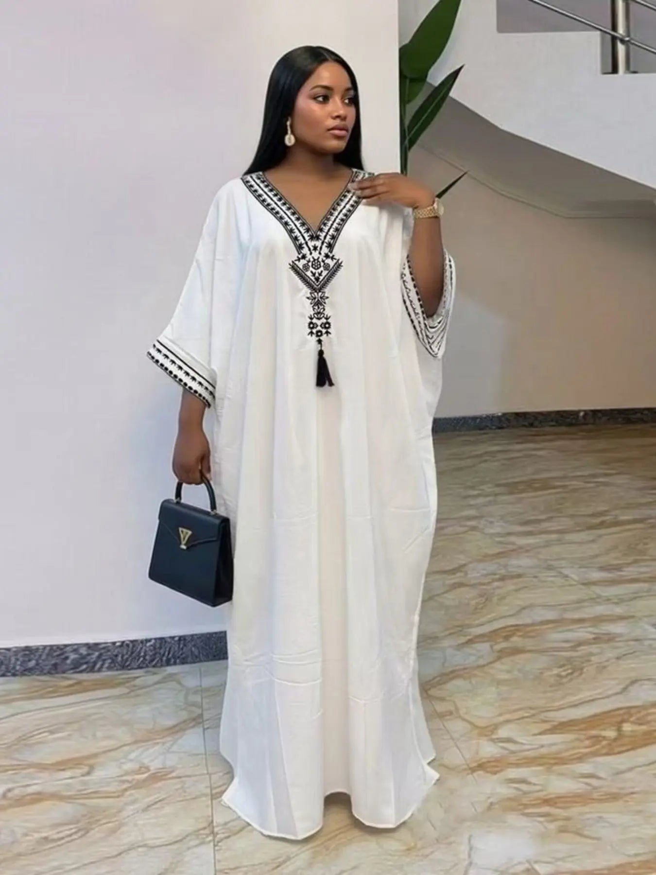 Women's Summer Solid Color Embroidered Fringe Caftan Casual Dress with Pockets and Side Slit