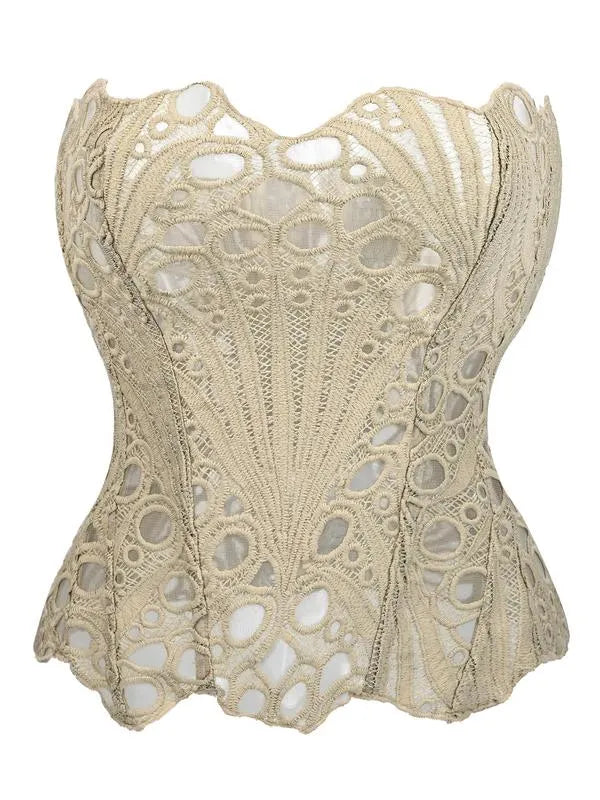 Women's Random Pattern Lace Up Shapewear Tube Top, Elegant Contrast Lace Corset Top, Tummy Control Shapewear for Women