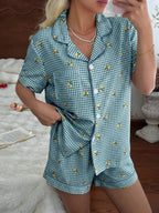 CottageSlumber Women's New Lemon Plaid Print Button-Front Short Sleeve Shorts Pajama Set