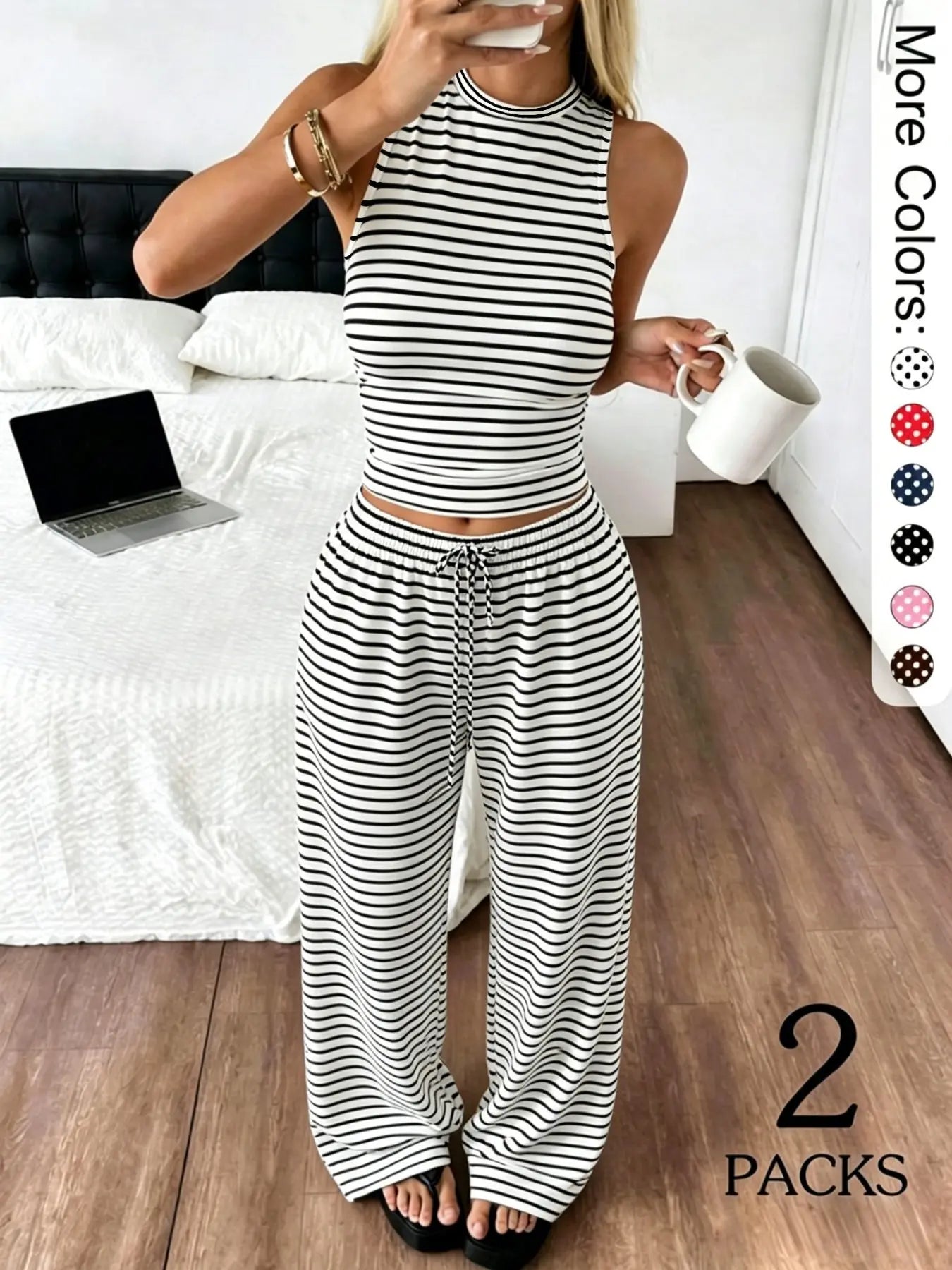 2 Pack Women's Polka Dot Loungewear Set, Sleeveless High Neck Crop Top & Wide Leg Pants, Clean Girl Style Minimalist Summer Outfits with Drop Waist, Slim Fit Lingerie Outfit for Daily Wear & Casual Lounging