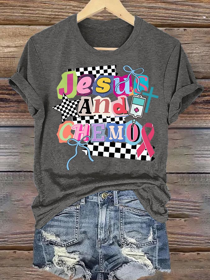 Women's  Jesus And Chemo Christian Cancer Awareness T-Shirt | Faith-Based Cancer Fighter Tee