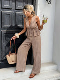 Women's Striped Tie-Waist Sleeveless Shirt Set, Long Pants Casual Two-Piece, Vintage Bohemian Style, Commuter Wear