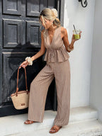 Women's Striped Tie-Waist Sleeveless Shirt Set, Long Pants Casual Two-Piece, Vintage Bohemian Style, Commuter Wear