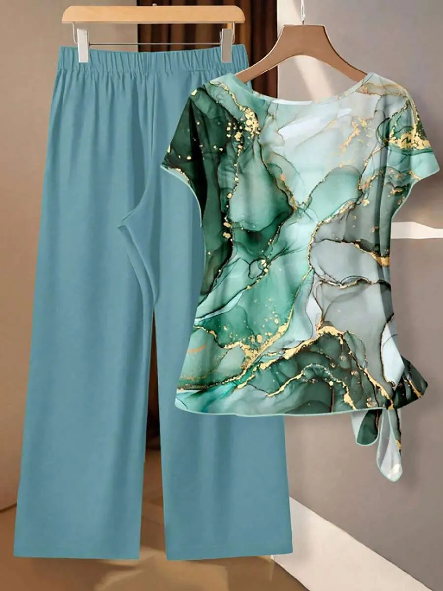 Women's Aqua Blue Summer Casual Vacation Holiday 2 Pieces Set,Abstract Floral Pattern Shirt With Tie Bow & Loose Straight Leg Pants,Vintage Style