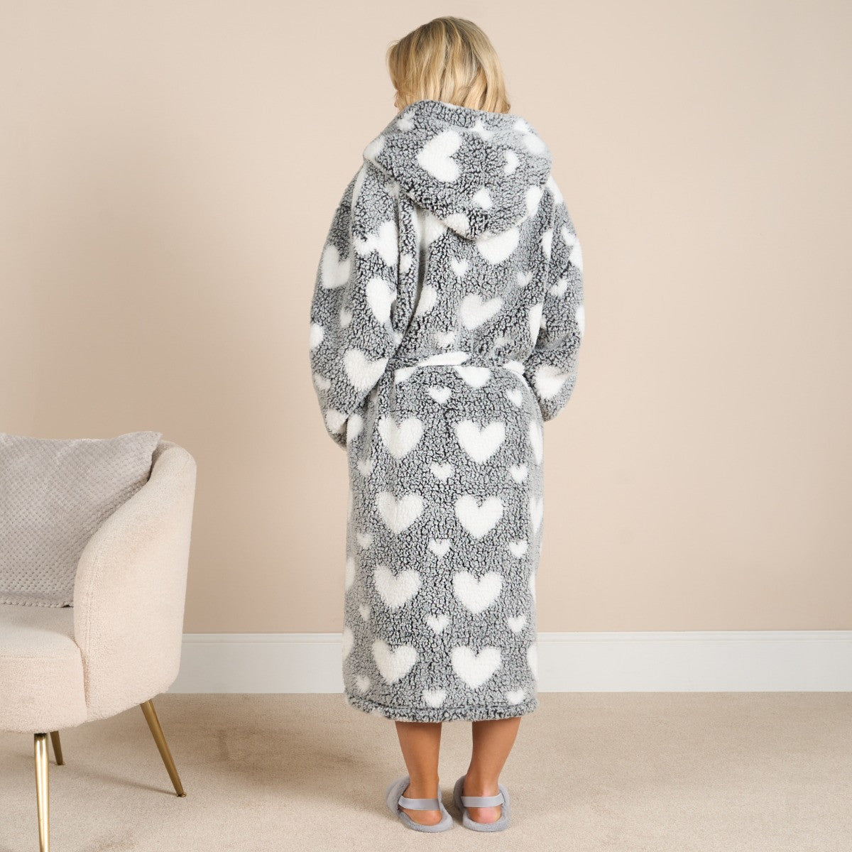 OHS Heart Print Teddy Marl Dressing Gown, Adults - Black
