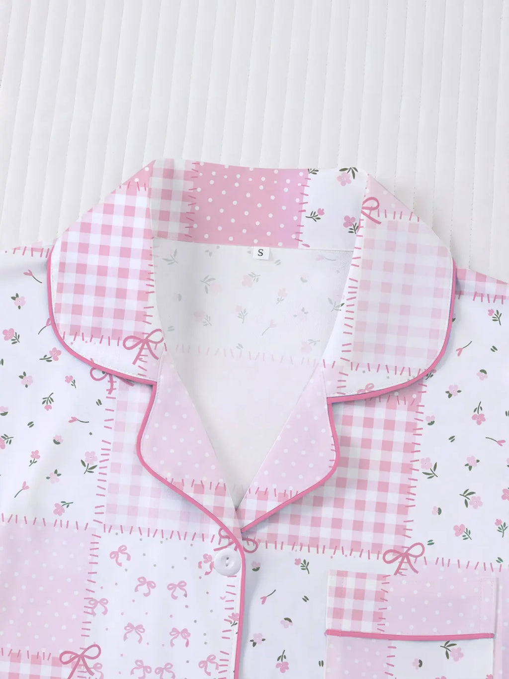 Women's Plaid Floral Bow Print Short Sleeve Shorts Fitted Pajama Set