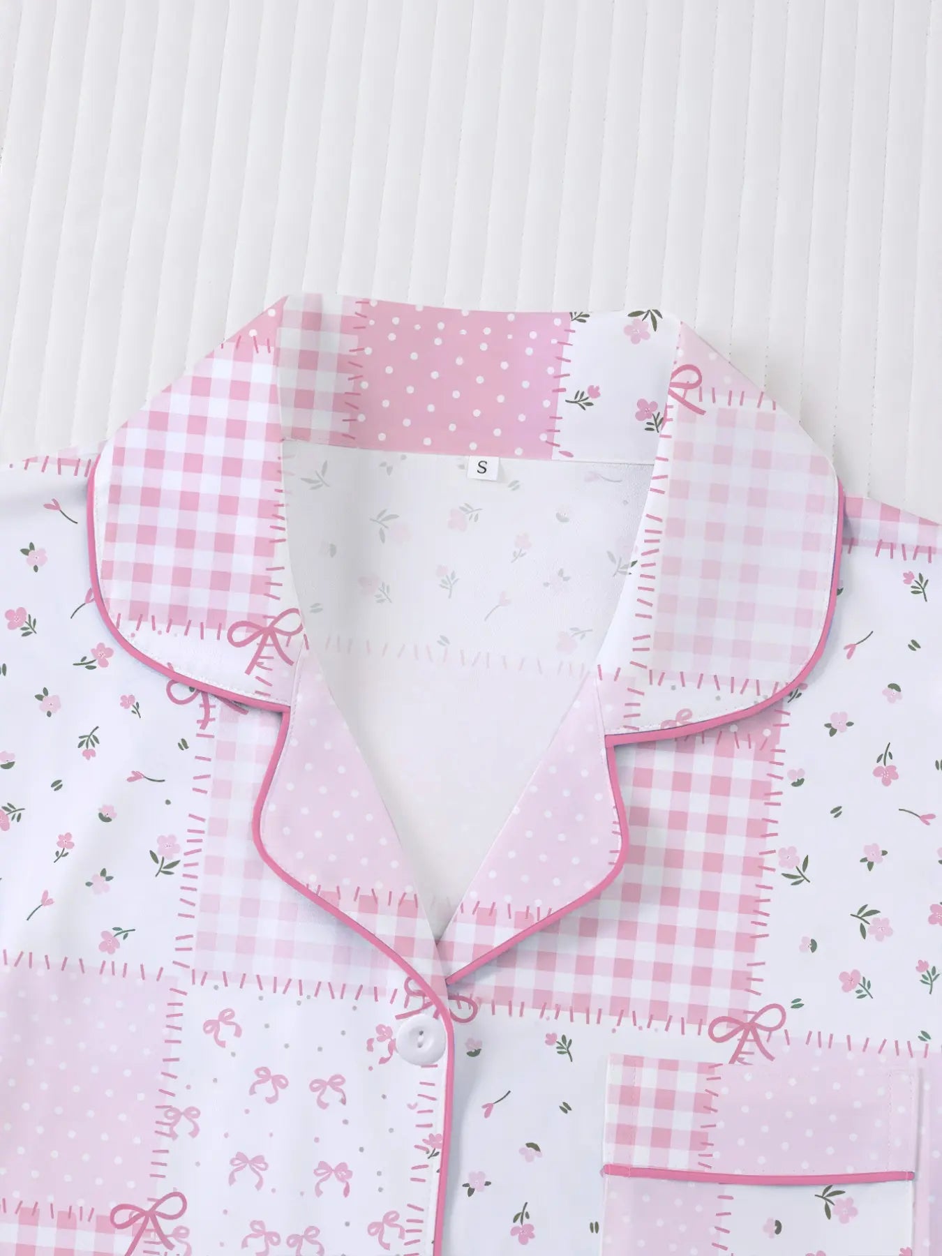 Women's Plaid Floral Bow Print Short Sleeve Shorts Fitted Pajama Set