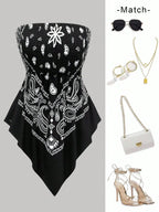 Women's Ethnic Print Strapless Top, Boho Style Asymmetric Hem Tube Top, Casual Summer Fashion, Perfect for Outing and Vacation