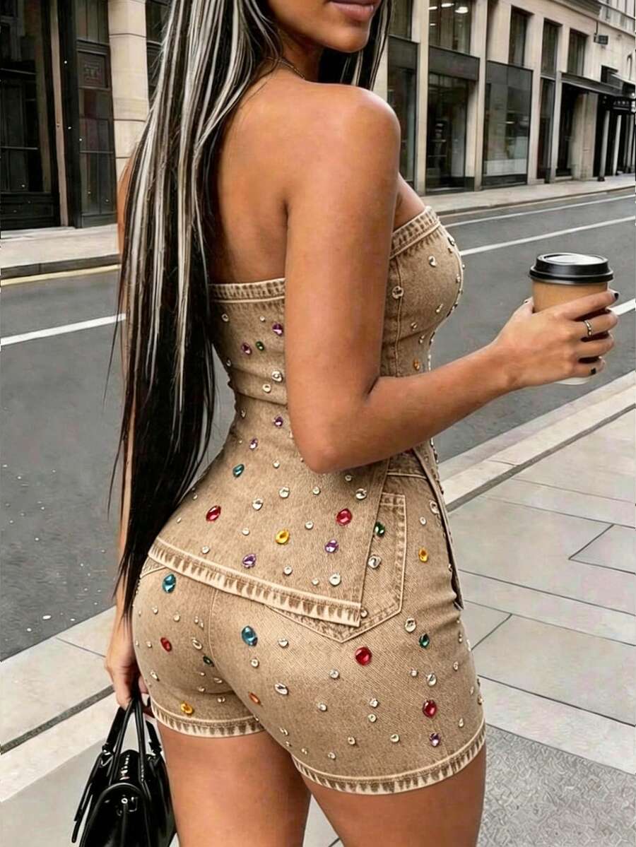 Slaydiva Black Strapless Eyelet Lace-Up Corset & Capri Pants Set - Sexy Bodycon 2 Pieces Outfit For Women-A,Summer Outfits For Women