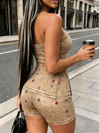Slaydiva Black Strapless Eyelet Lace-Up Corset & Capri Pants Set - Sexy Bodycon 2 Pieces Outfit For Women-A,Summer Outfits For Women
